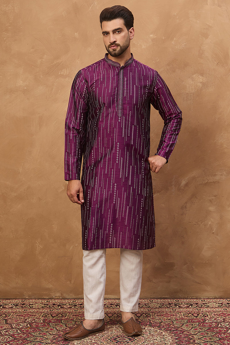 purple silk blend geometric printed straight kurta