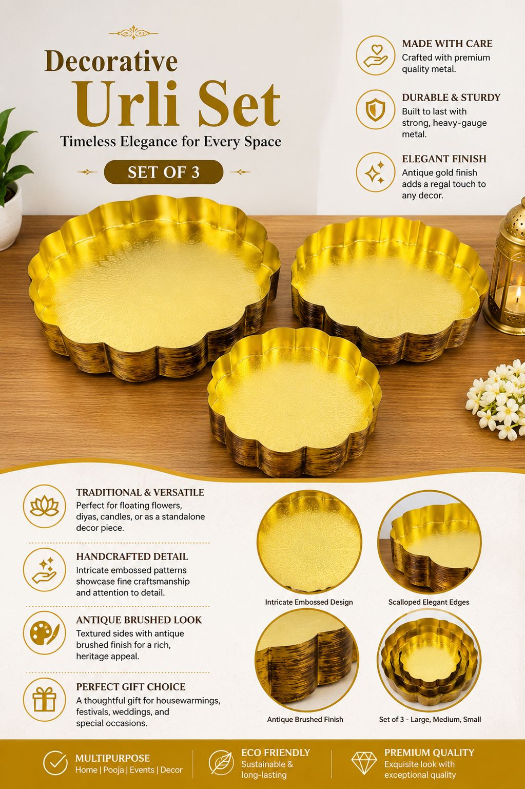 premium decorative urli bowl set of 3 embossed hammered metal floating flower bowls antique gold finish for diyas candles pooja diwali weddings festivals home decor