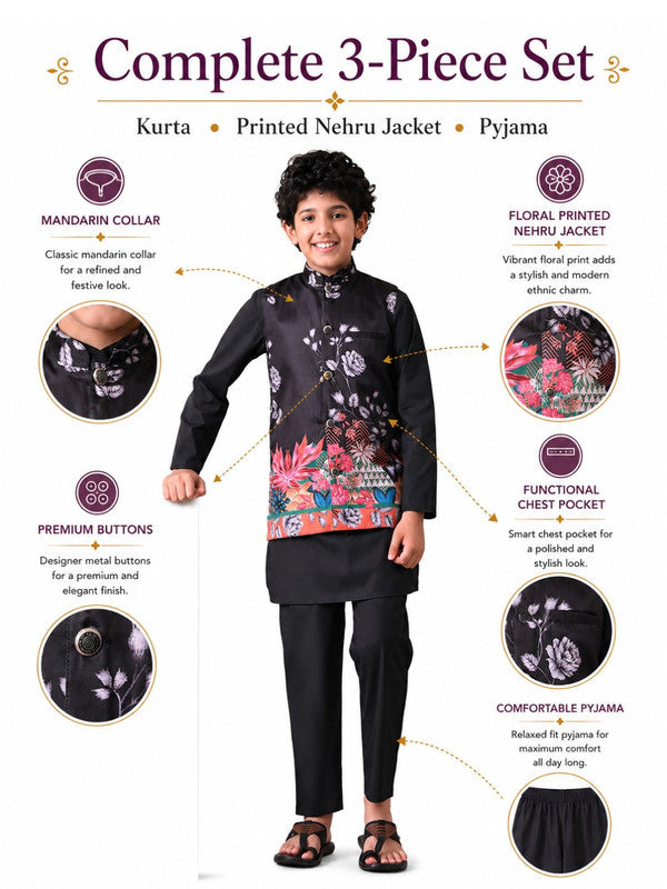 Indi Loom Couture Boys Black Kurta Pyjama with Printed Jacket Set ILBKSJ24