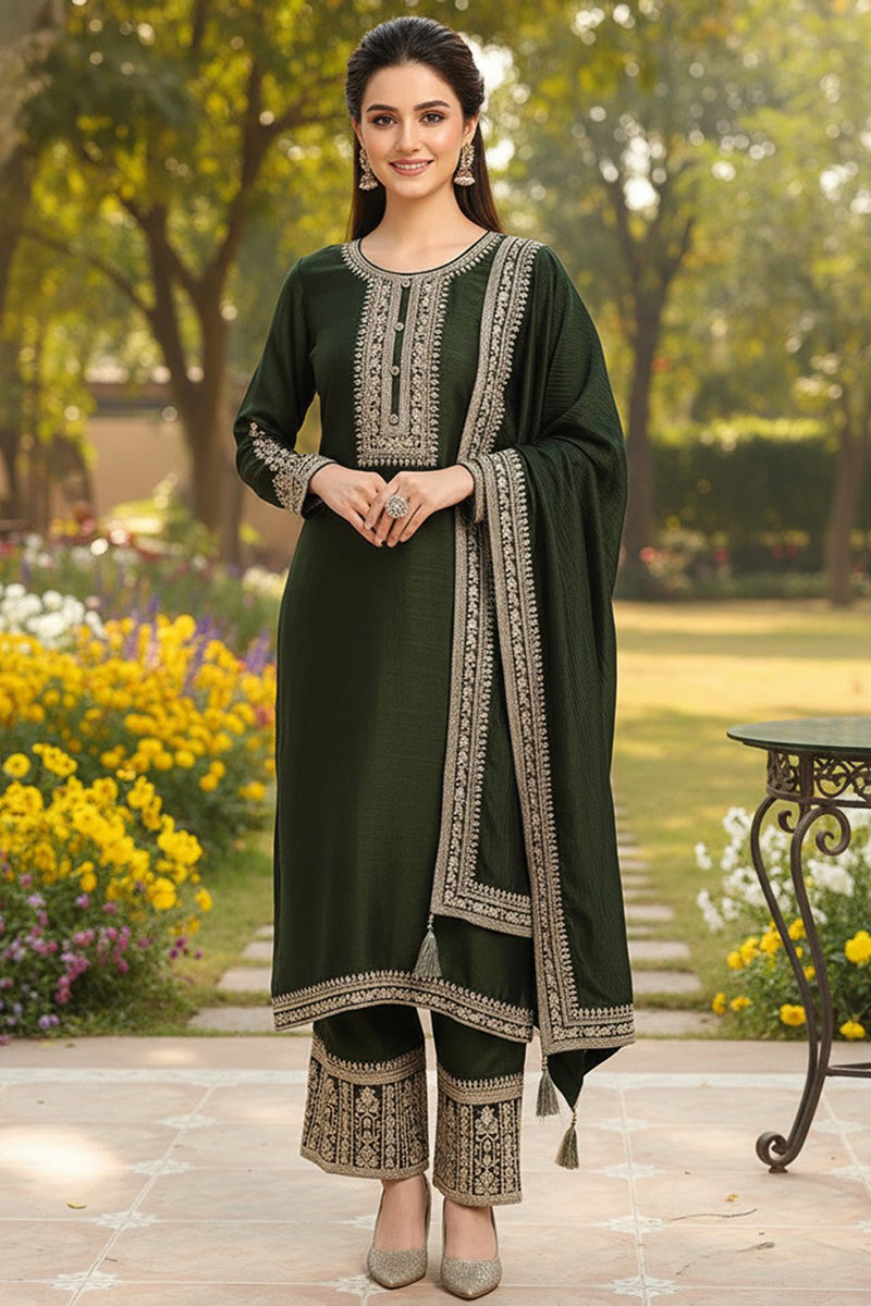 navy blue silk blend solid embroidered straight style suit set pkskd2263