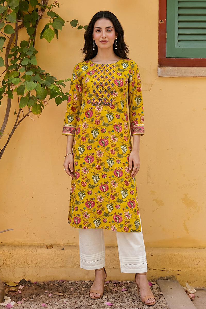 rayon yellow floral digital printed regular kurta vck9820