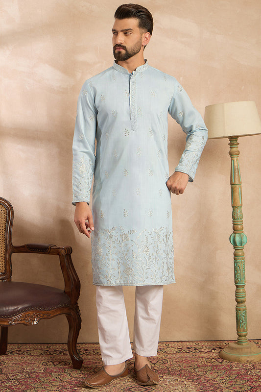 Blue Silk Blend Solid Embroidered Straight Kurta With Trouser MKSET1785