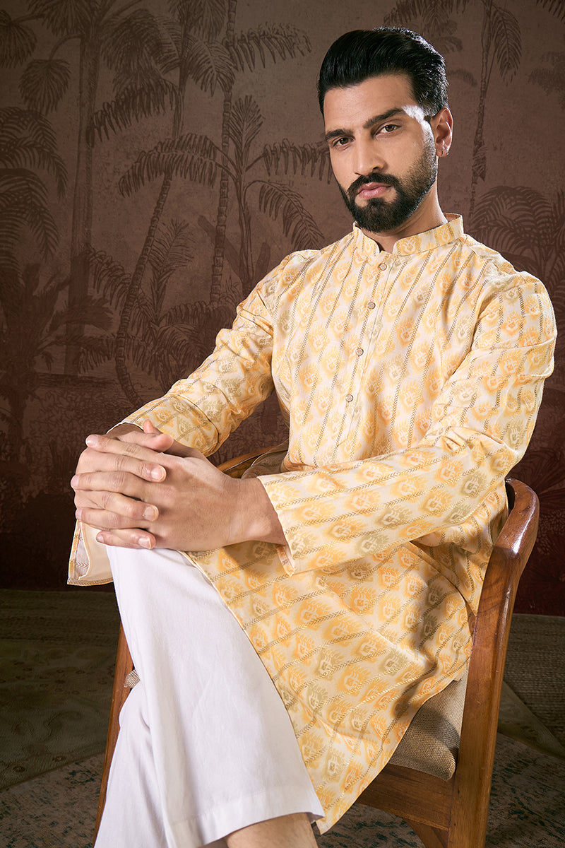White Silk Blend Ethnic Motifs Printed Straight Kurta With Trouser MKSET1914