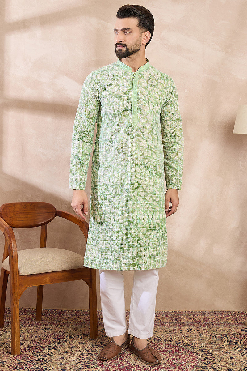 Green Viscose Rayon Ethnic Motifs Embroidered Straight Kurta With Trouser MKSET1672