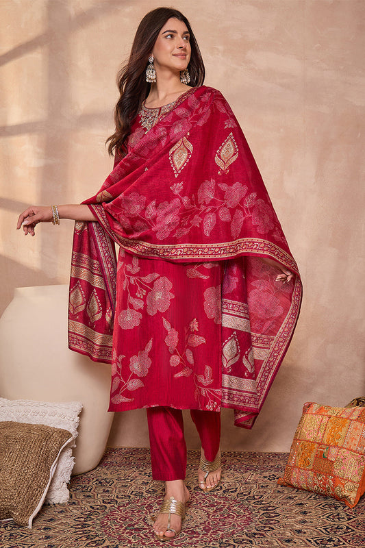 pink silk blend floral printed straight kurta trouser with dupatta pkskd3218