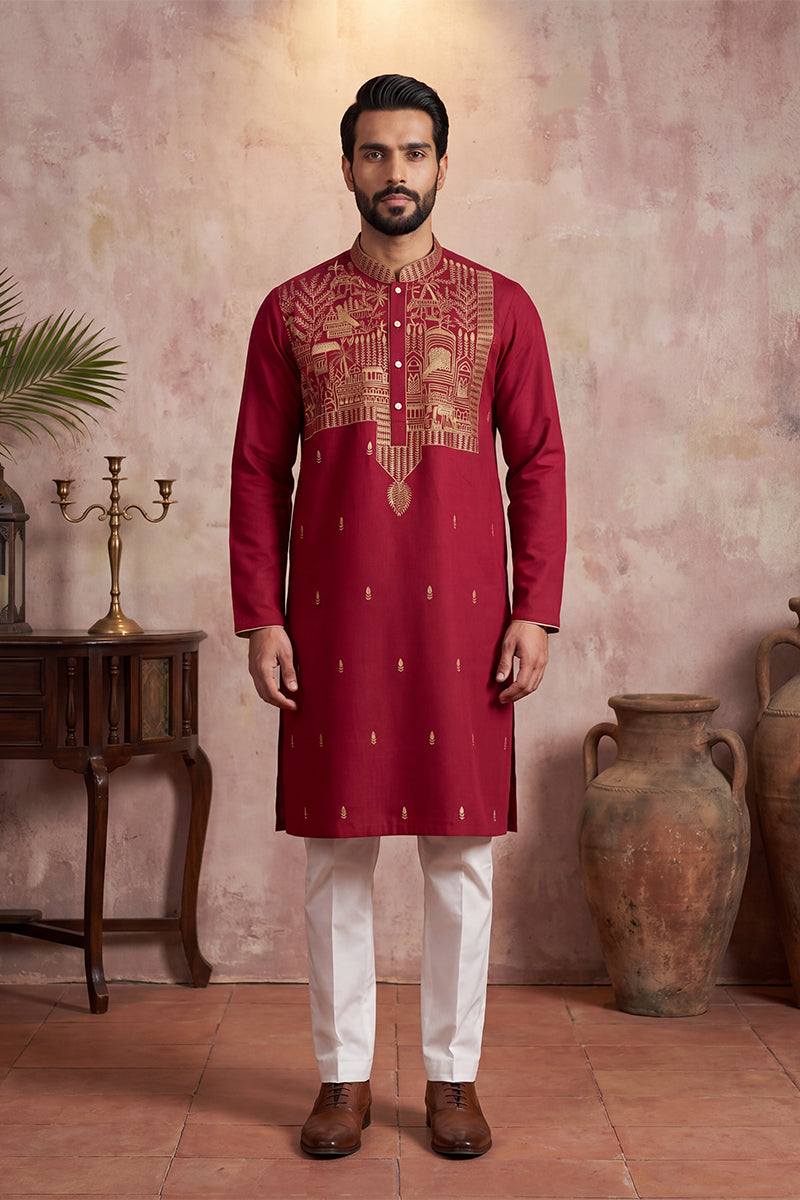 Mens Red Silk Blend Solid Emboidered Straight Kurta With Trouser MKSET2375