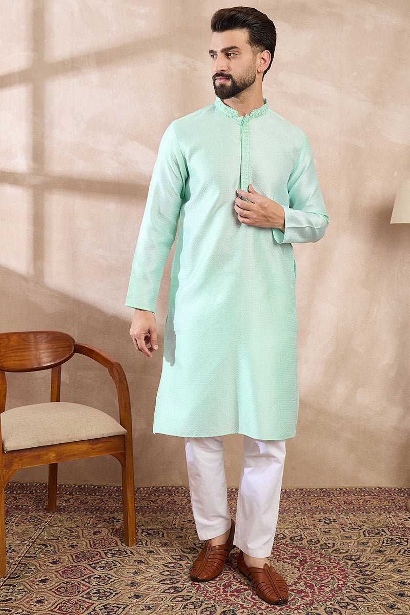 Blue Silk Blend Solid Embroidered Straight Kurta MKU1734