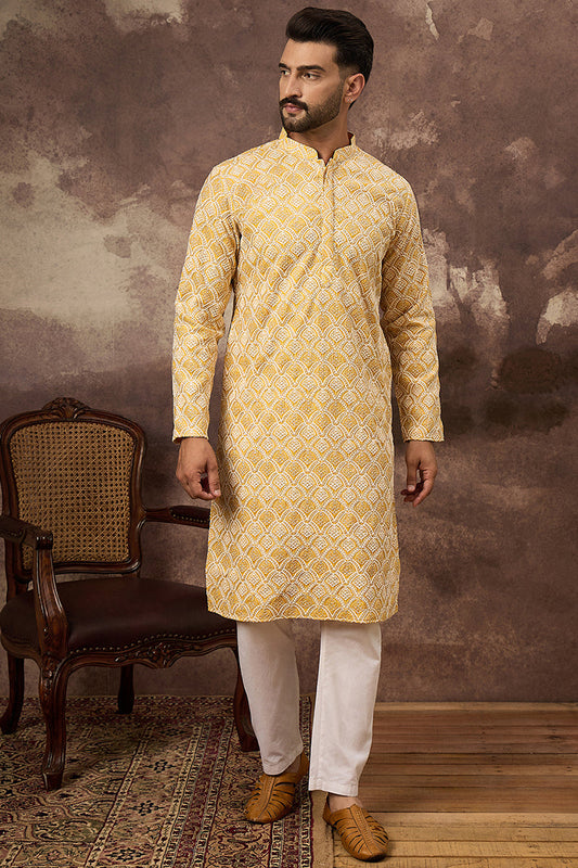 yellow viscose rayon solid embroidered straight kurta with trouser
