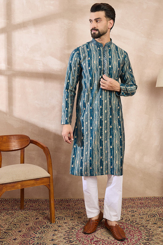 Turquoise Blue Silk Blend Abstract Printed Straight Kurta With Trouser MKSET2005