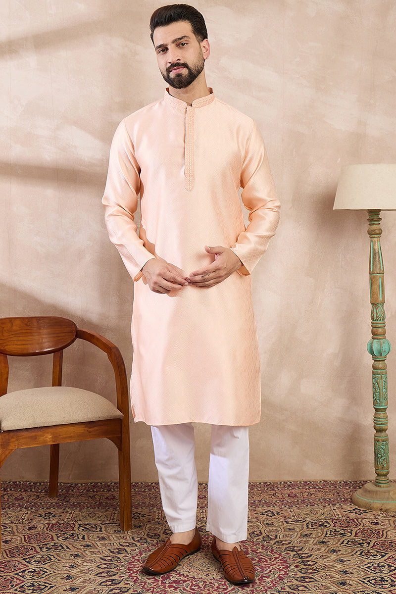 Peach Silk Blend Solid Embroidered Straight Kurta With Trouser MKSET1739