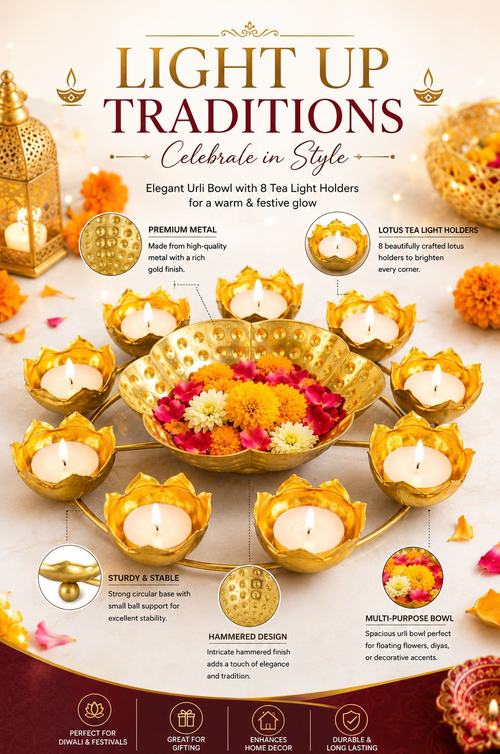 premium lotus urli bowl with 8 tea light holders hammered metal decorative floating flower bowl gold finish centerpiece for diwali pooja weddings festivals home decor gifting