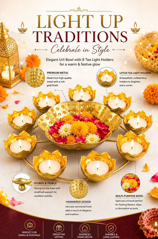 premium lotus urli bowl with 8 tea light holders hammered metal decorative floating flower bowl gold finish centerpiece for diwali pooja weddings festivals home decor gifting