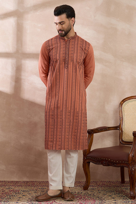 Orange Silk Blend Embroidered Mandarin Collar Straight Kurta MKU2043