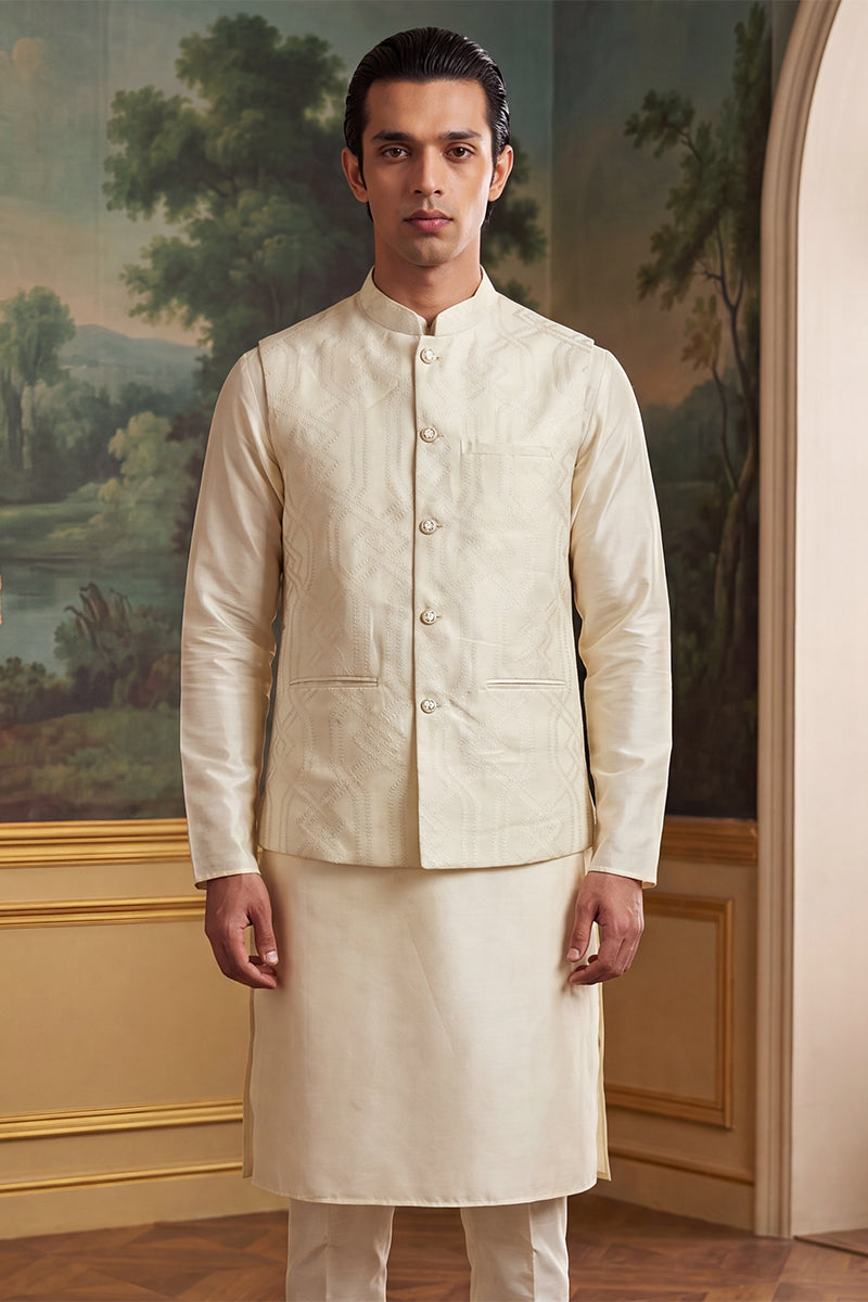 Mens Off White Jacquard Woven Design Solid Koti