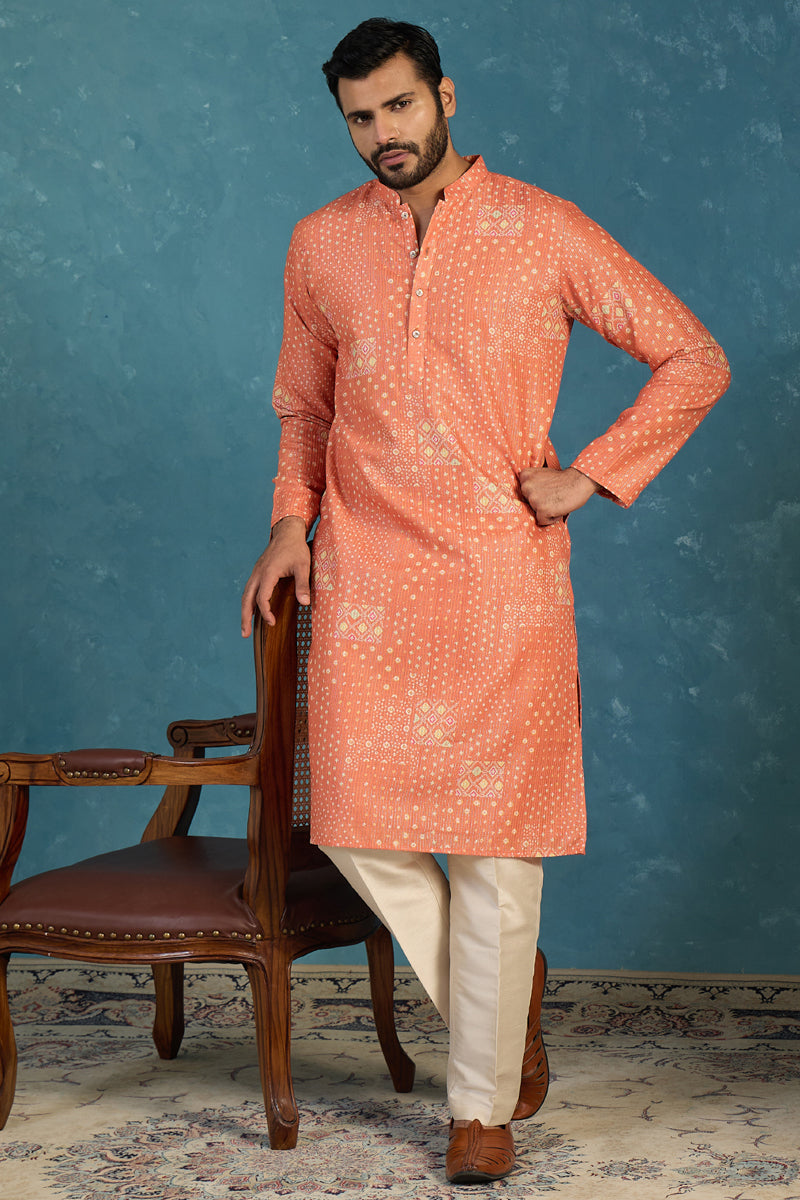 Mens Orange Linen Blend Bandhani Printed Kurta With Trouser MKSET2638