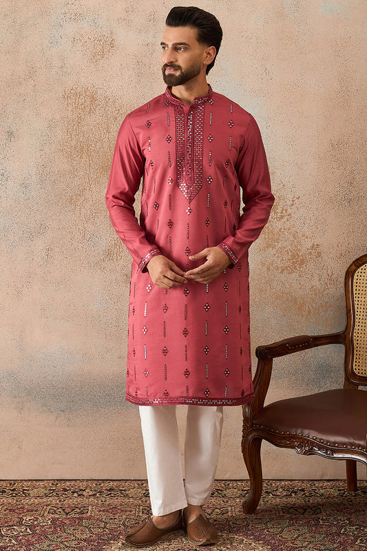 Mens Rose Silk Blend Solid Embroidered Sequins Kurta With Trouser MKSET2259