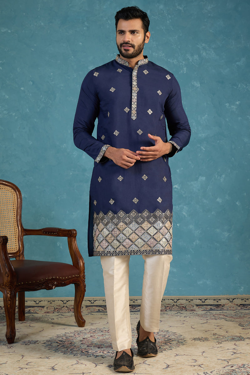Silk Blend Blue Solid Embroidered Calf Length Straight Kurta With Trousers MKSET2099