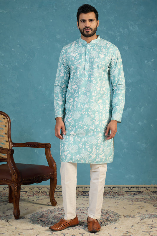Mens Teal Viscose Rayon Embroidered Calf Length Straight Regular Kurta With Trouser MKSET1765