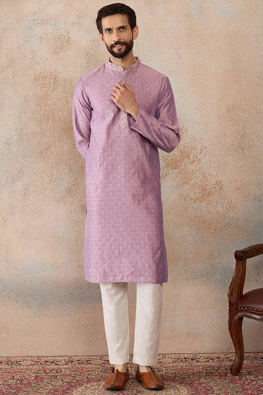 Mens Lavender Jacquard Solid Embroidered Kurta MKU2466