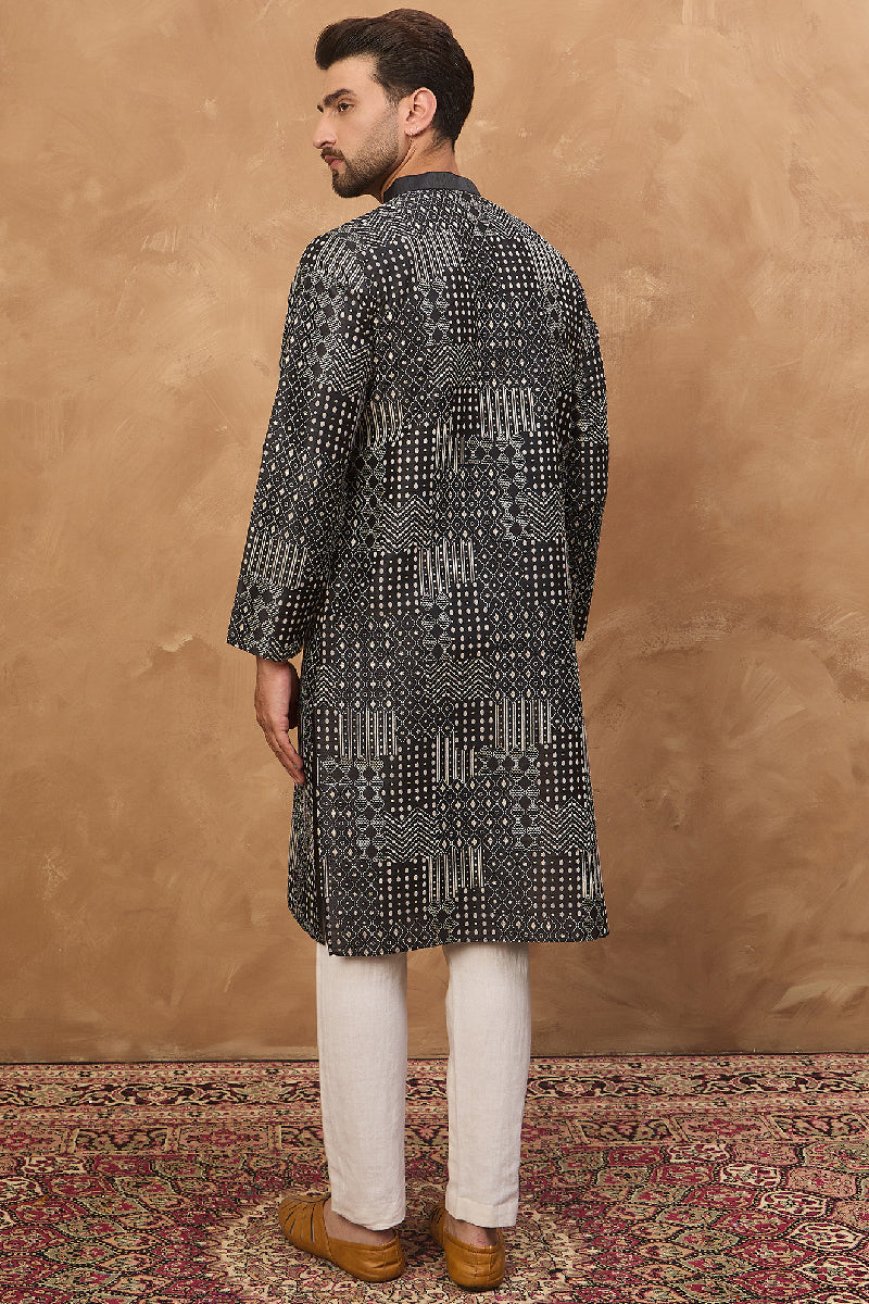 black silk blend geometric printed straight kurta
