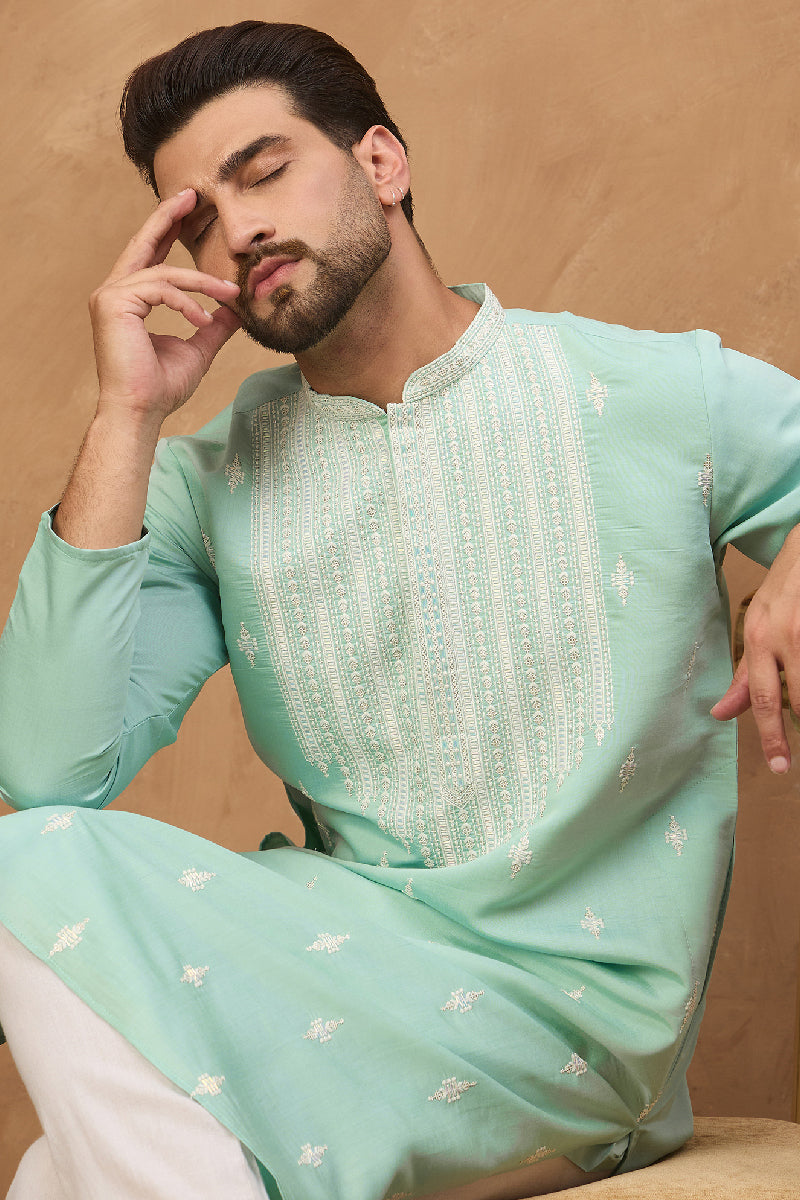 Blue Silk Blend Solid Embroidered Straight Kurta MKU1511