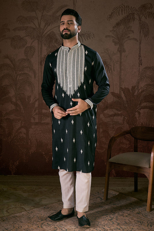 Black Silk Blend Solid Embroidered Straight Kurta With Trouser MKSET1883
