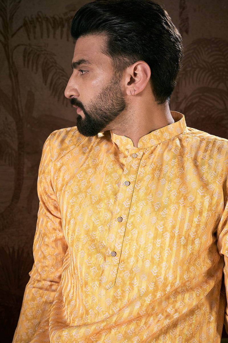 Yellow Silk Blend Ethnic Motifs Printed Straight Kurta With Trouser MKSET1949