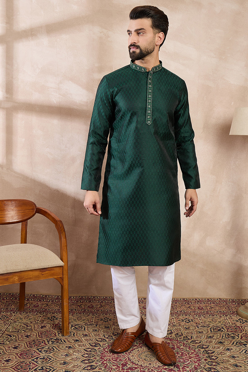 Green Silk Blend Solid Woven Design Straight Kurta MKU1900