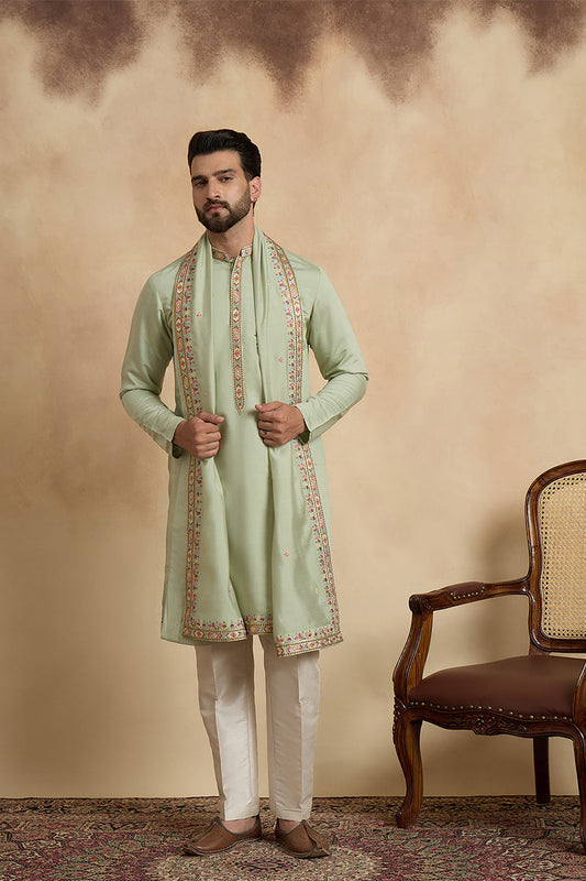Mens Green Silk Blend Solid Embroidered Sequins Kurta With Dupatta MKUD1070