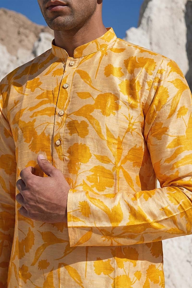 Yellow Silk Blend Printed Straight Kurta MKU2167