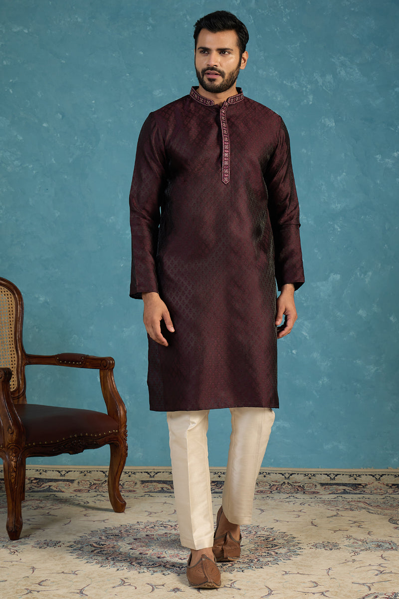 Mens Purple Silk Blend Woven Design Straight Kurta MKU1835