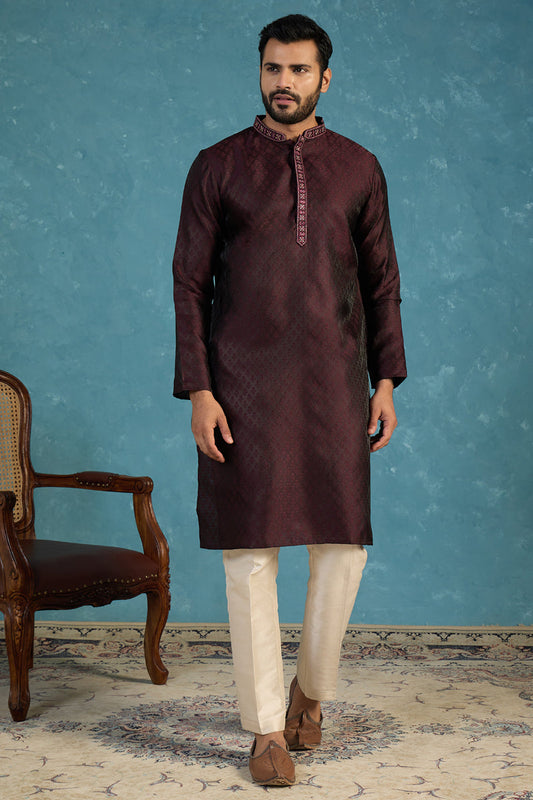 Mens Purple Silk Blend Woven Design Straight Kurta MKU1835