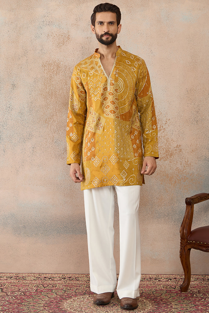 Mens Mustard Silk Blend Ethnic Motifs Embroidered Kurta