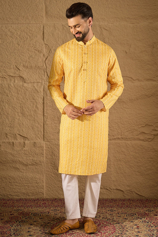 Yellow Silk Blend Geometric Embroidered Straight Kurta with Trouser MKSET1313