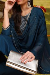 silk blend teal embroidered straight kurta pant with dupatta 