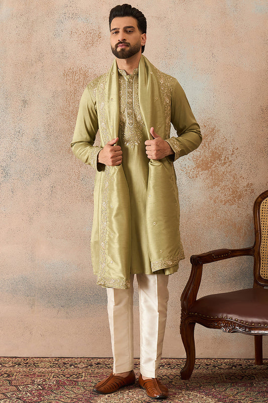 Men Green Zari Embroidered Silk Blend Kurta with Dupatta MKUD1046