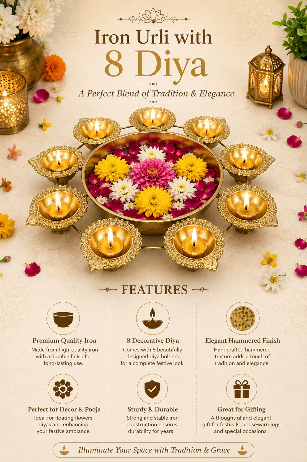 premium iron urli with 8 diya holders decorative metal floating flower bowl for water candles rangoli traditional urli for diwali pooja wedding festivals home decoration