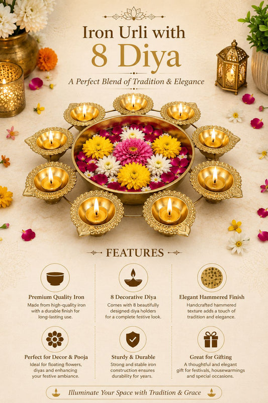 premium iron urli with 8 diya holders decorative metal floating flower bowl for water candles rangoli traditional urli for diwali pooja wedding festivals home decoration