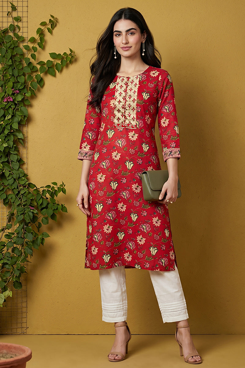 rayon red floral digital printed regular kurta vck9821