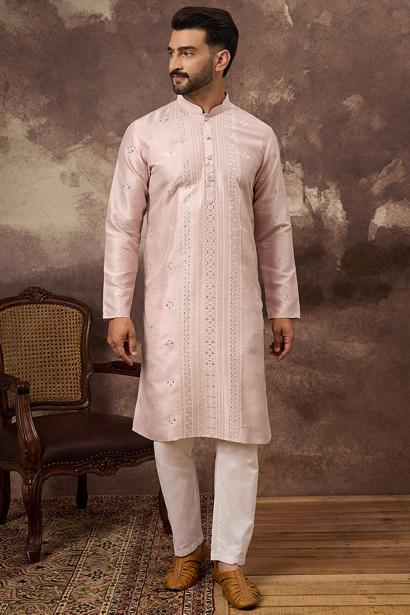Pink Silk Blend Solid Embroidered Straight Kurta With Pant Set MKSET1362