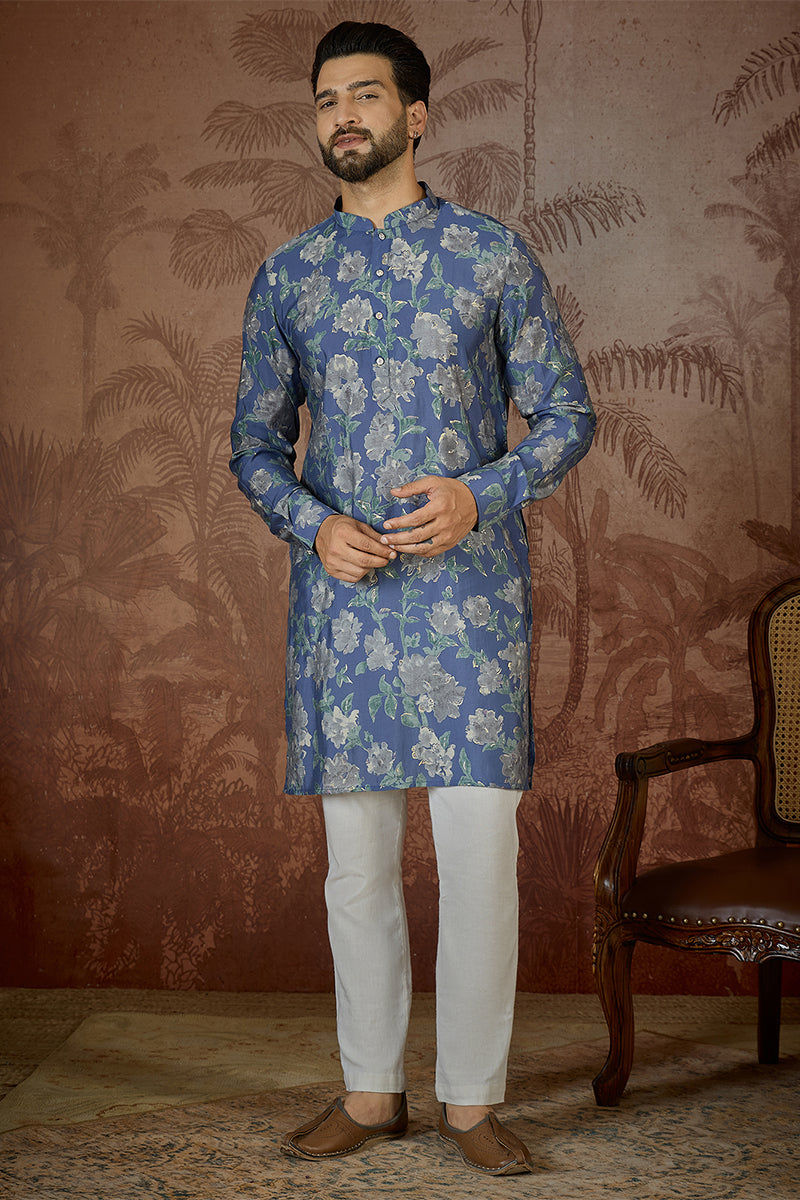 Mens Blue Silk Blend Floral Printed Kurta MKU2567