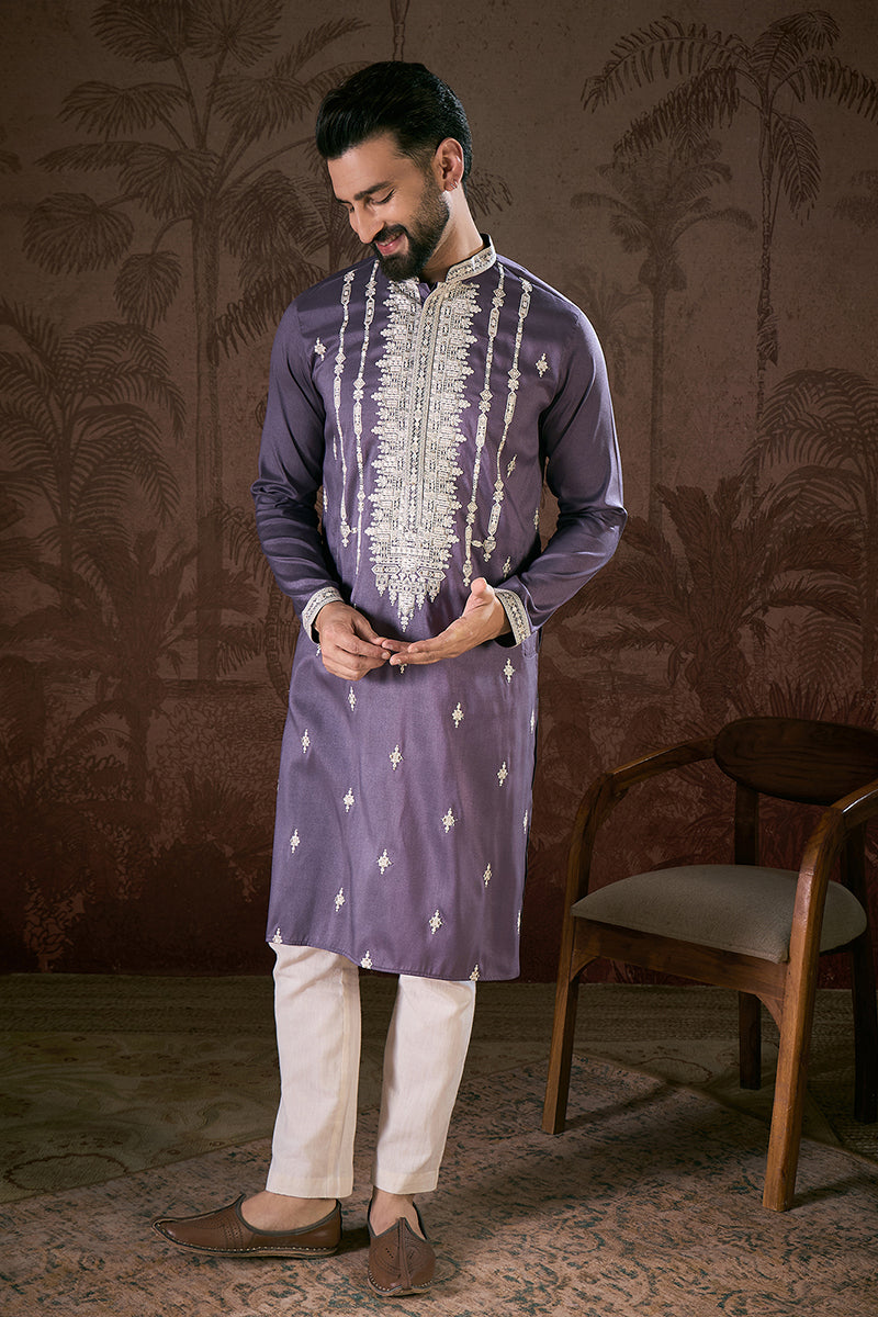 Lavender Silk Blend Solid Embroidered Straight Kurta MKU1792