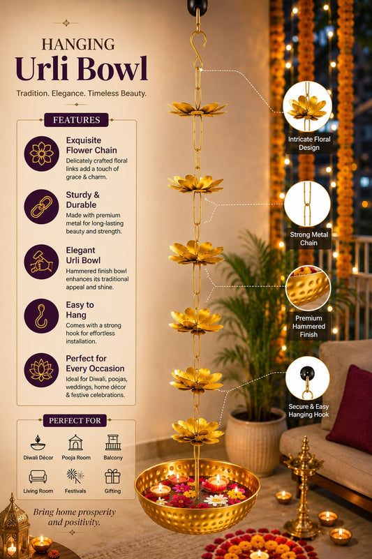premium hanging lotus urli bowl with decorative flower chain handcrafted metal floating flower bowl for water candles tea lights hanging urli for diwali pooja wedding home decor