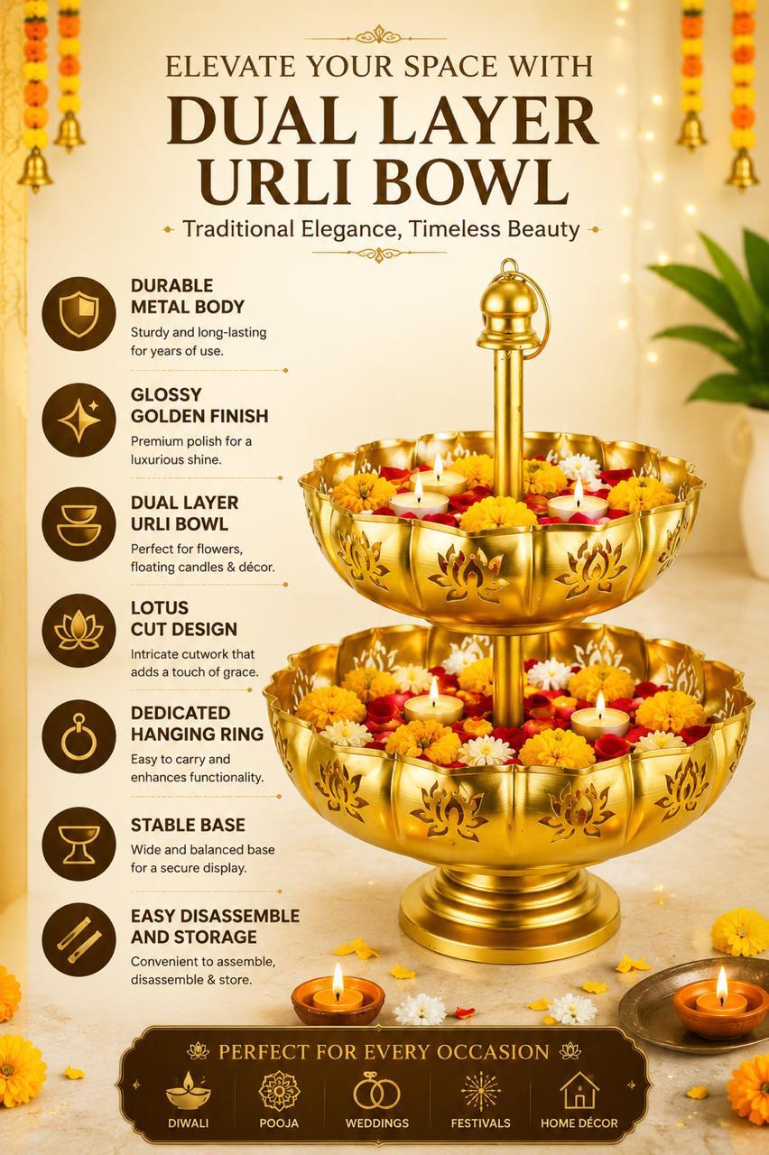 premium dual layer metal urli bowl 2 tier decorative floating flower urli for water candles tea lights traditional pooja urli for diwali wedding home festive decoration