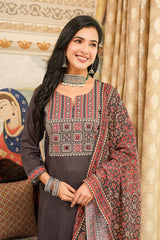 black rayon blend ajrakh printed straight kurta trousers with dupatta 