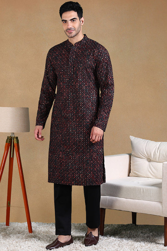 black viscose rayon ethnic motifs embroidered straight kurta for men