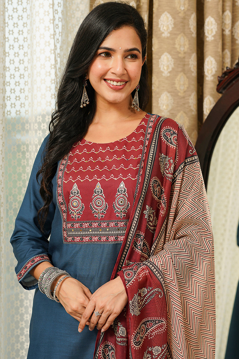 blue rayon blend ajrakh printed straight kurta trousers with dupatta