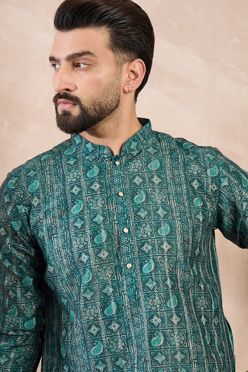 Green Silk Blend Ethnic Motifs Printed Straight Kurta MKU1996