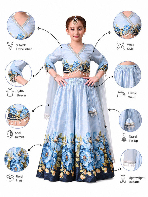 Indi Loom Couture Girls Sky Blue Floral Printed Lehenga Choli with Net Dupatta ILLCD36
