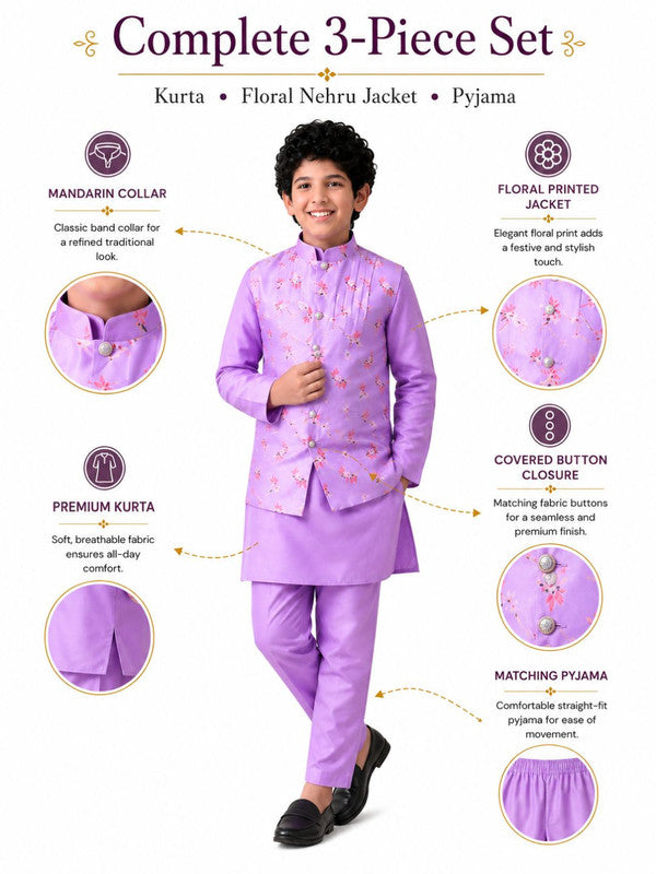 Indi Loom Couture Boys Lavender Plain  Kurta with Pyjama & Printed Nehru Jacket Set ILBKSJ19